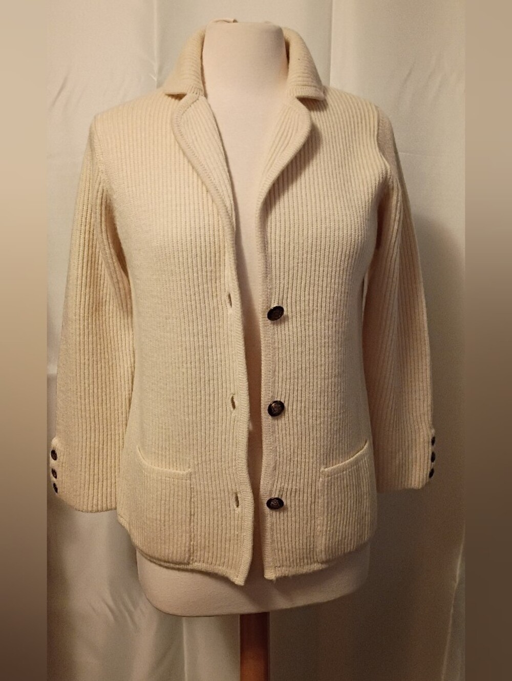 Marisa Christina Ivory Cream Ribbed Button 100% Wool Cardigan Sweater Jacket S M